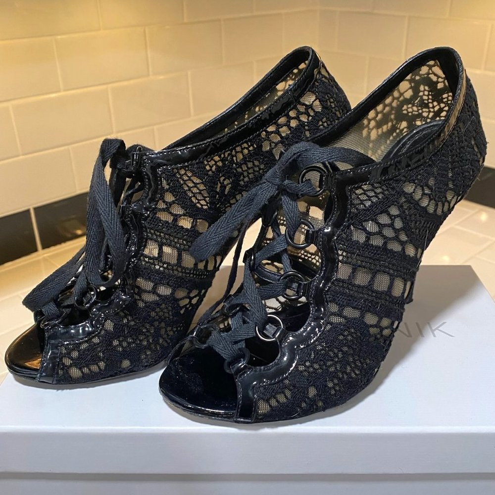 DOLCE & GABBANA Black Mesh Lace-up Booties | Size 8.5
